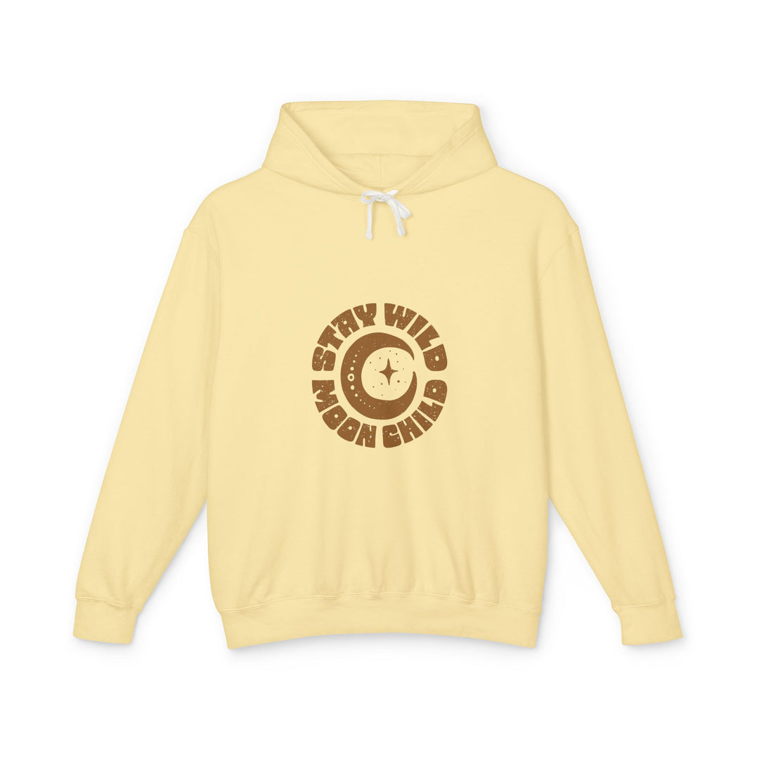 Butter Yellow Hoodie – Stay Wild Moon Child Crescent Moon Sweatshirt | Unisex Lightweight Hoodie with Boho Celestial Design