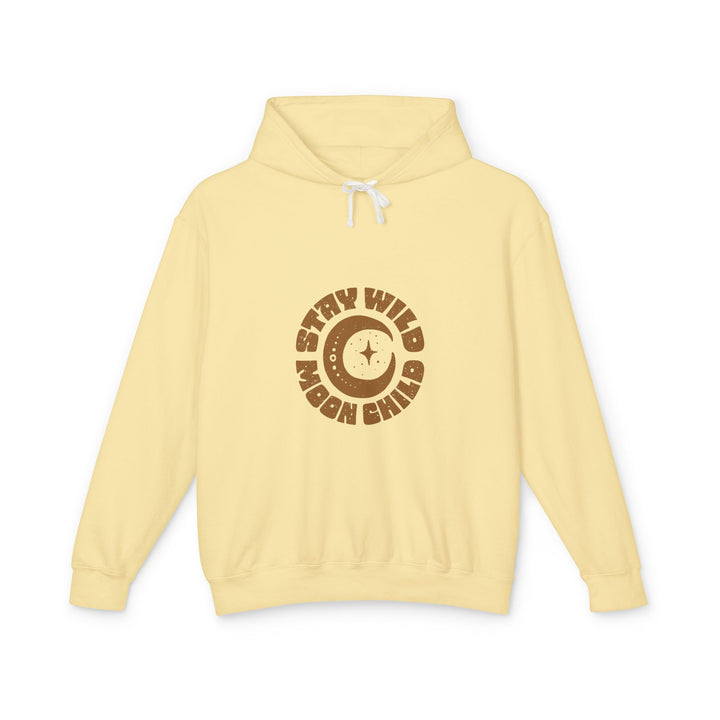 Butter Yellow Hoodie – Stay Wild Moon Child Crescent Moon Sweatshirt | Unisex Lightweight Hoodie with Boho Celestial Design
