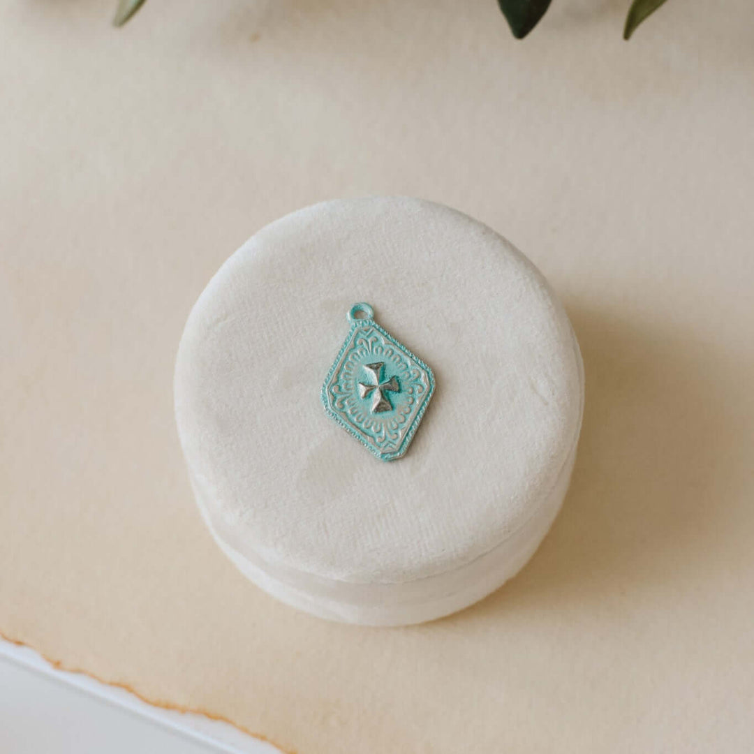 Silver Cross Charm with Turquoise Patina