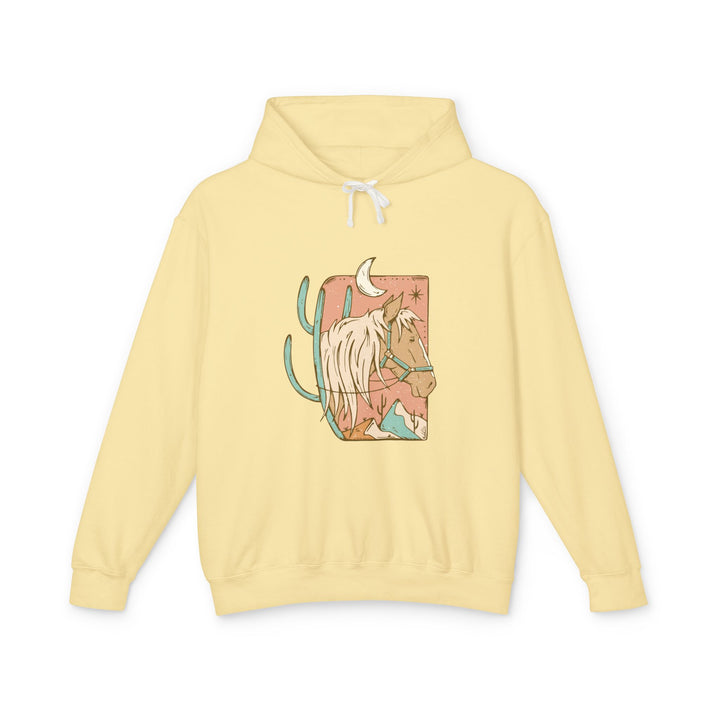 Butter Yellow Hoodie – Desert Moon Horse & Crescent Sweatshirt | Unisex Lightweight Hoodie with Western Desert Design