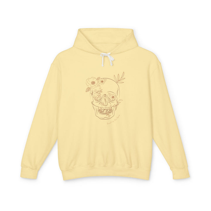 Butter Yellow Hoodie – Kind to the Bone Floral Skull Sweatshirt | Unisex Lightweight Hoodie for Fall & Spooky Season