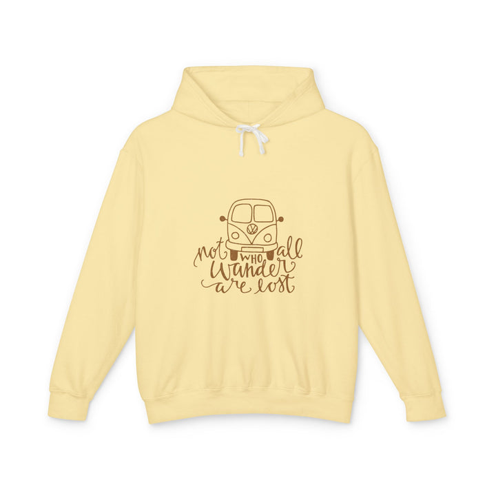 Butter Yellow Hoodie – Not All Who Wander Are Lost Volkswagen Bus Sweatshirt | Unisex Lightweight Hoodie for Travelers & Free Spirits