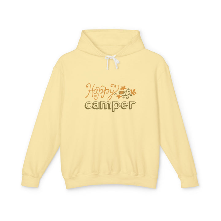 Butter Yellow Hoodie – Happy Camper Sweatshirt | Unisex Lightweight Hoodie for Outdoor Lovers & Everyday Comfort