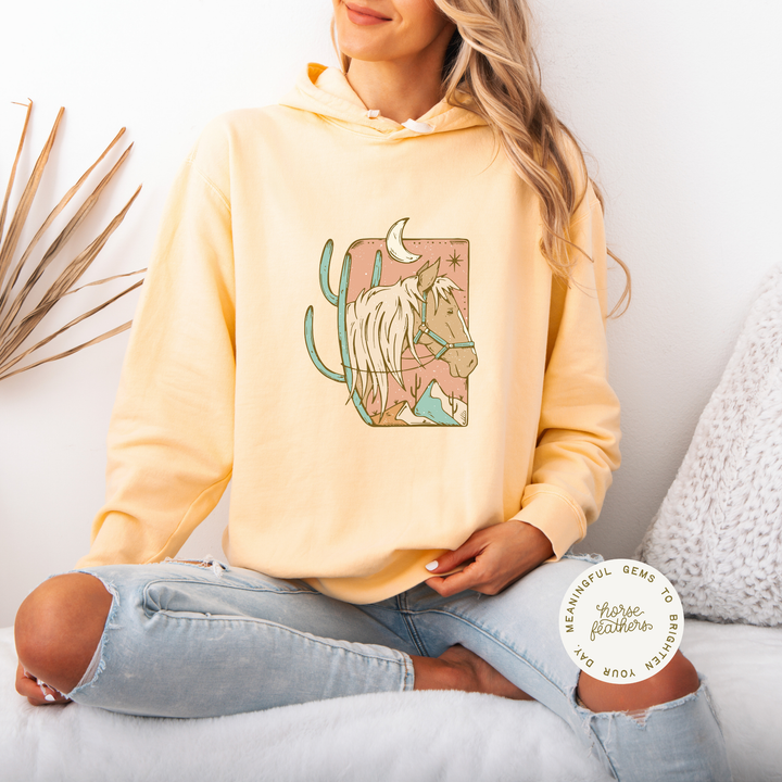 Butter Yellow Hoodie – Desert Moon Horse & Crescent Sweatshirt | Unisex Lightweight Hoodie with Western Desert Design