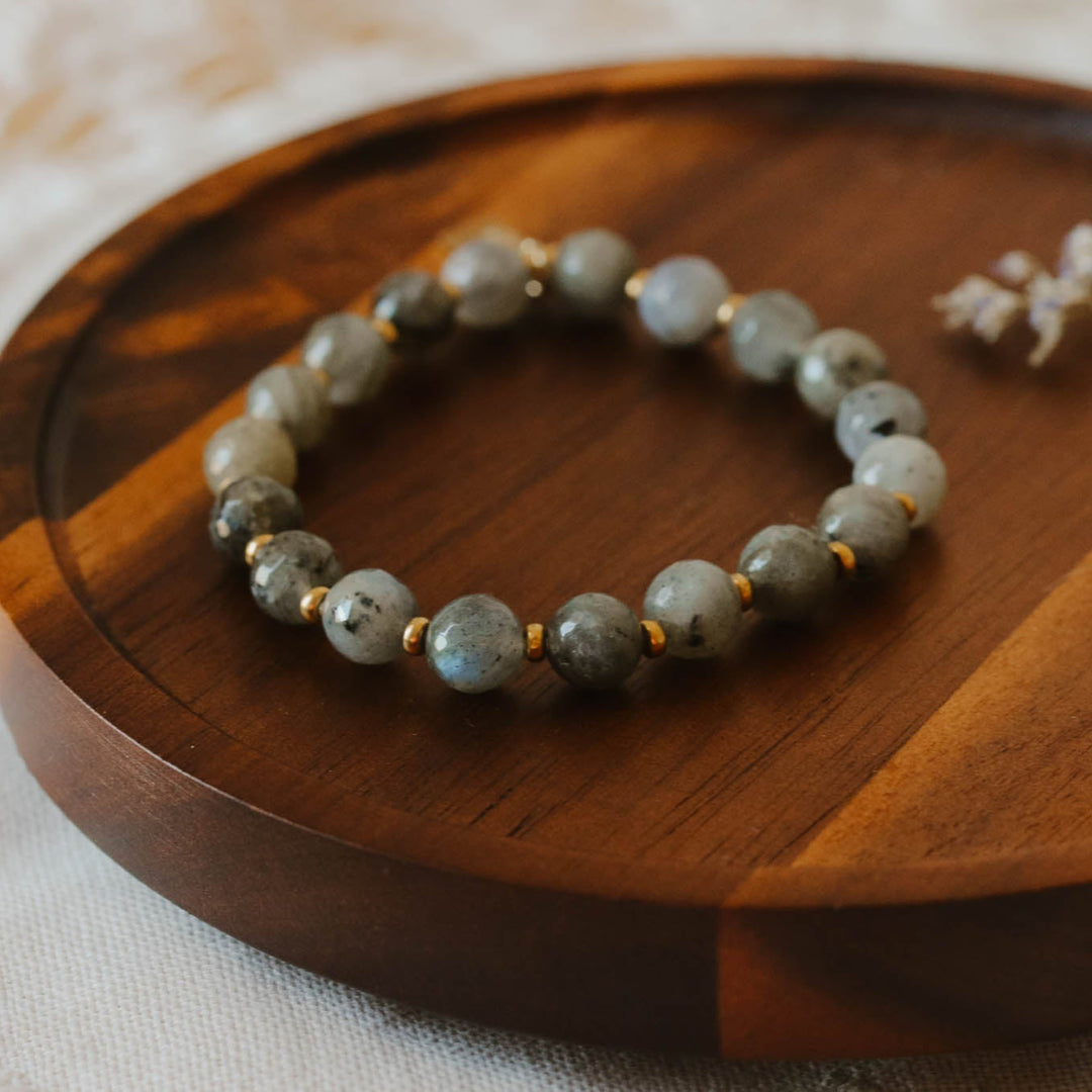Beaded bracelet on a wooden surface