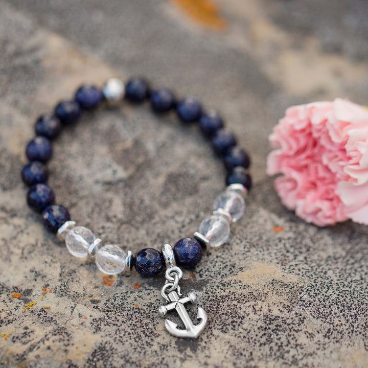 Silver anchor charm bracelet with natural gemstones