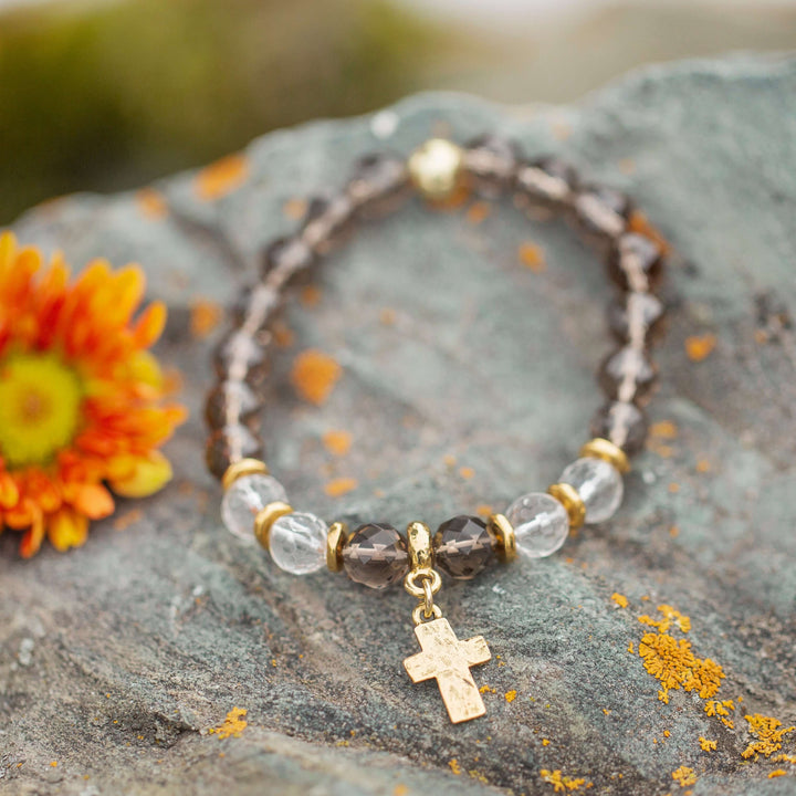 smoky quartz beaded cross bracelet 